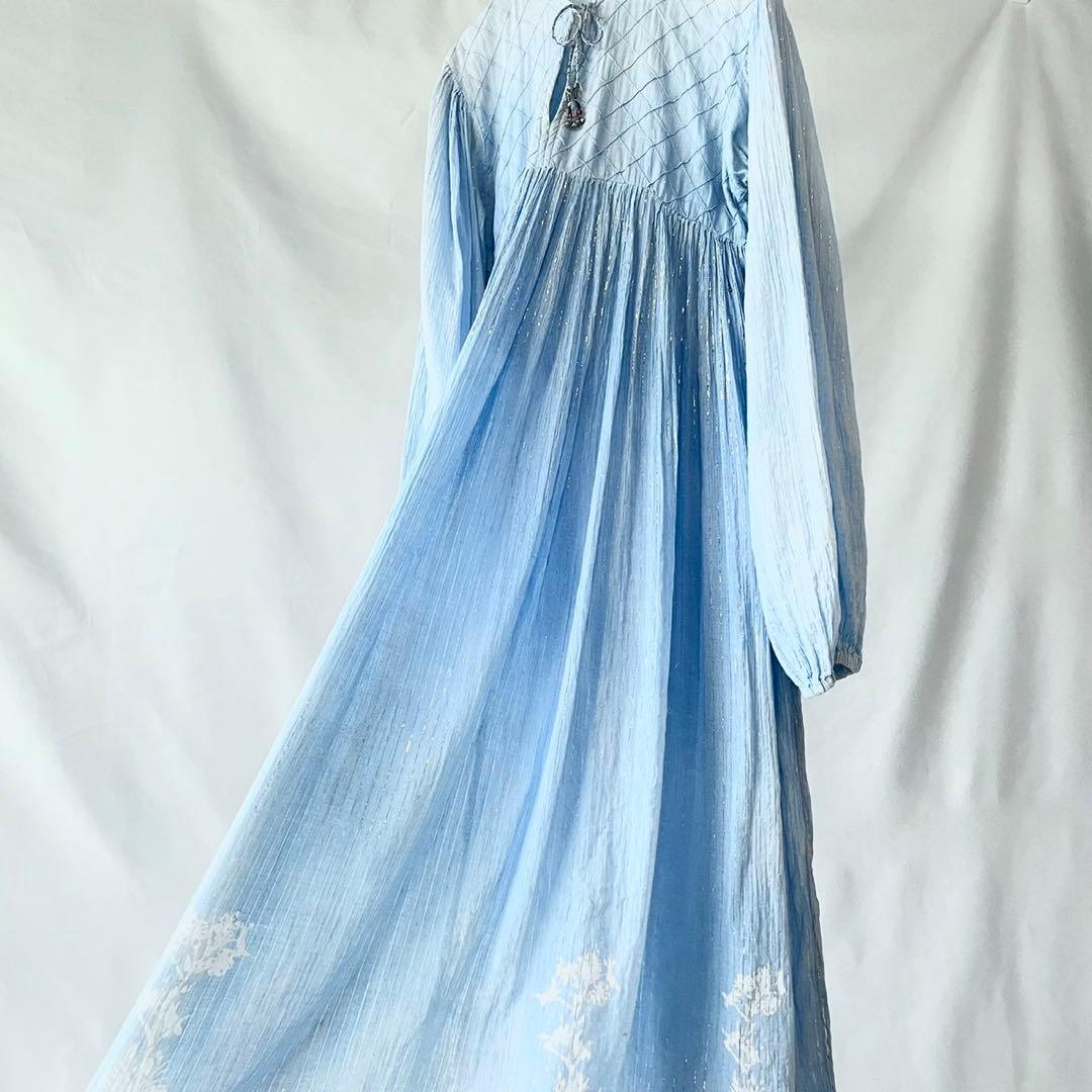 70s vintage インド綿　ブルー　シルバーラメ　ストライプ　ワンピース