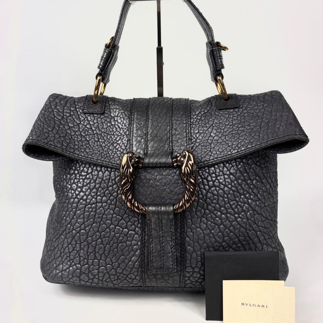 極美品　ブルガリ レオーニ ハンドバッグ ライオン シボ革 カード有