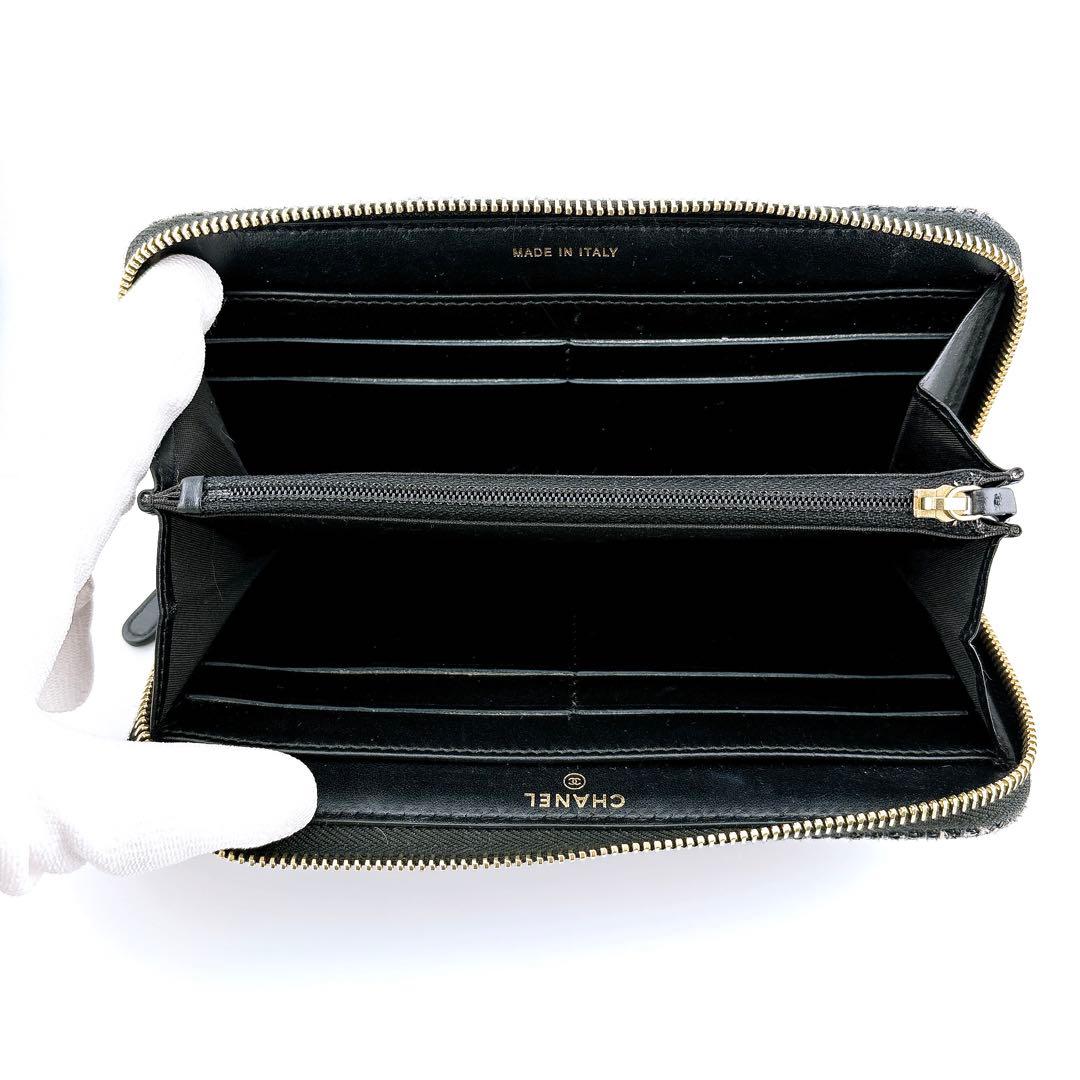 シャネル 長財布 ツイード ドーヴィル ラウンドファスナー レディース ブラック