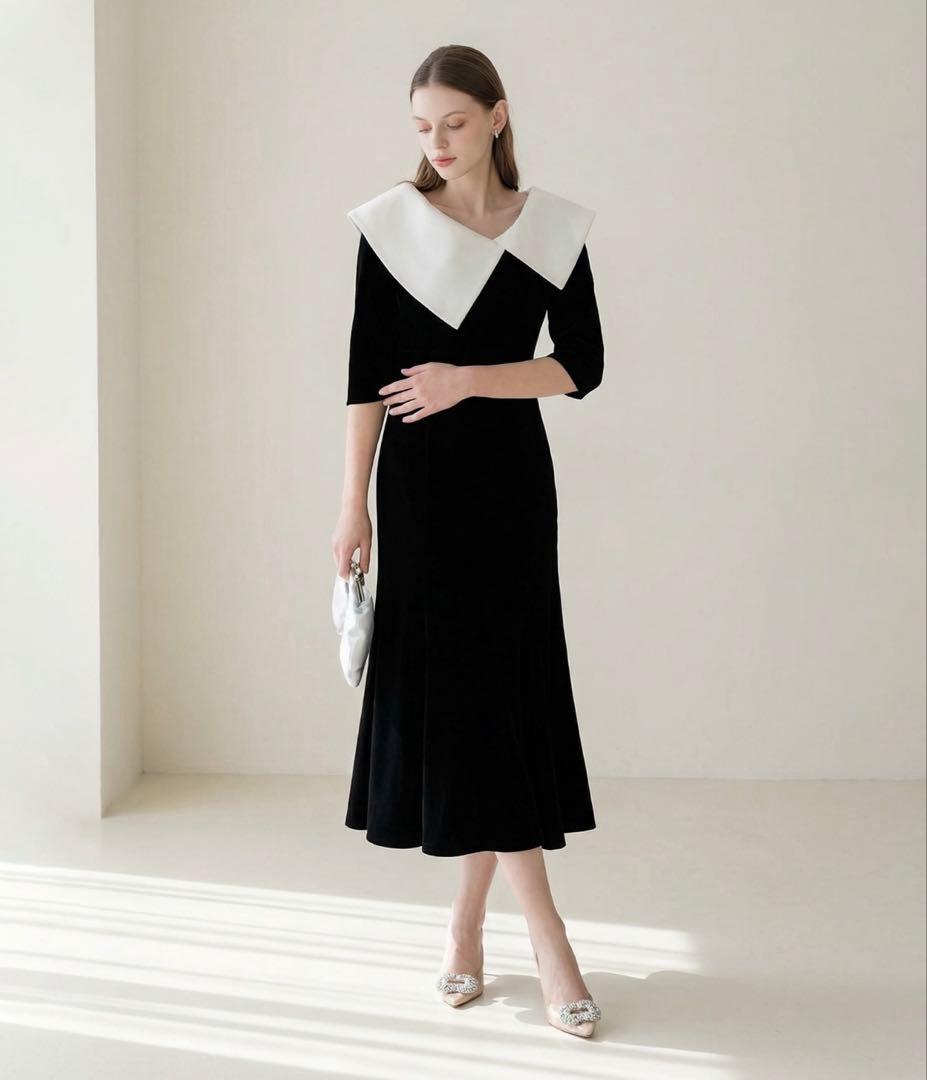 【LEJA】配色アシンメトリービッグカラーベロアマーメイドシルエットドレス