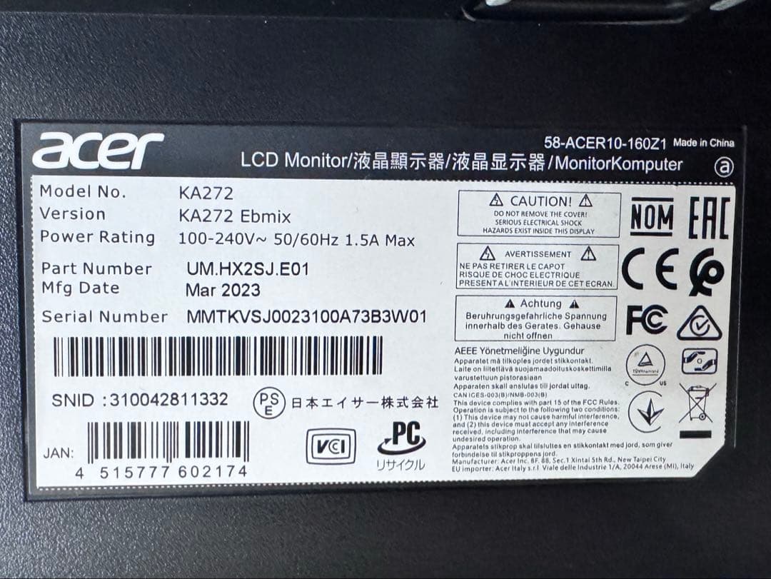 Acer KA272 27インチ モニター ディスプレイ