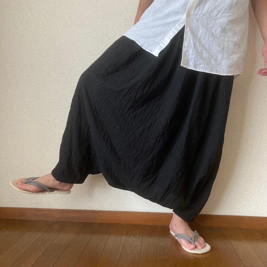 ゆったりシルエット ダブルガーゼ スカ—ト風 サルエルパンツ ブラック