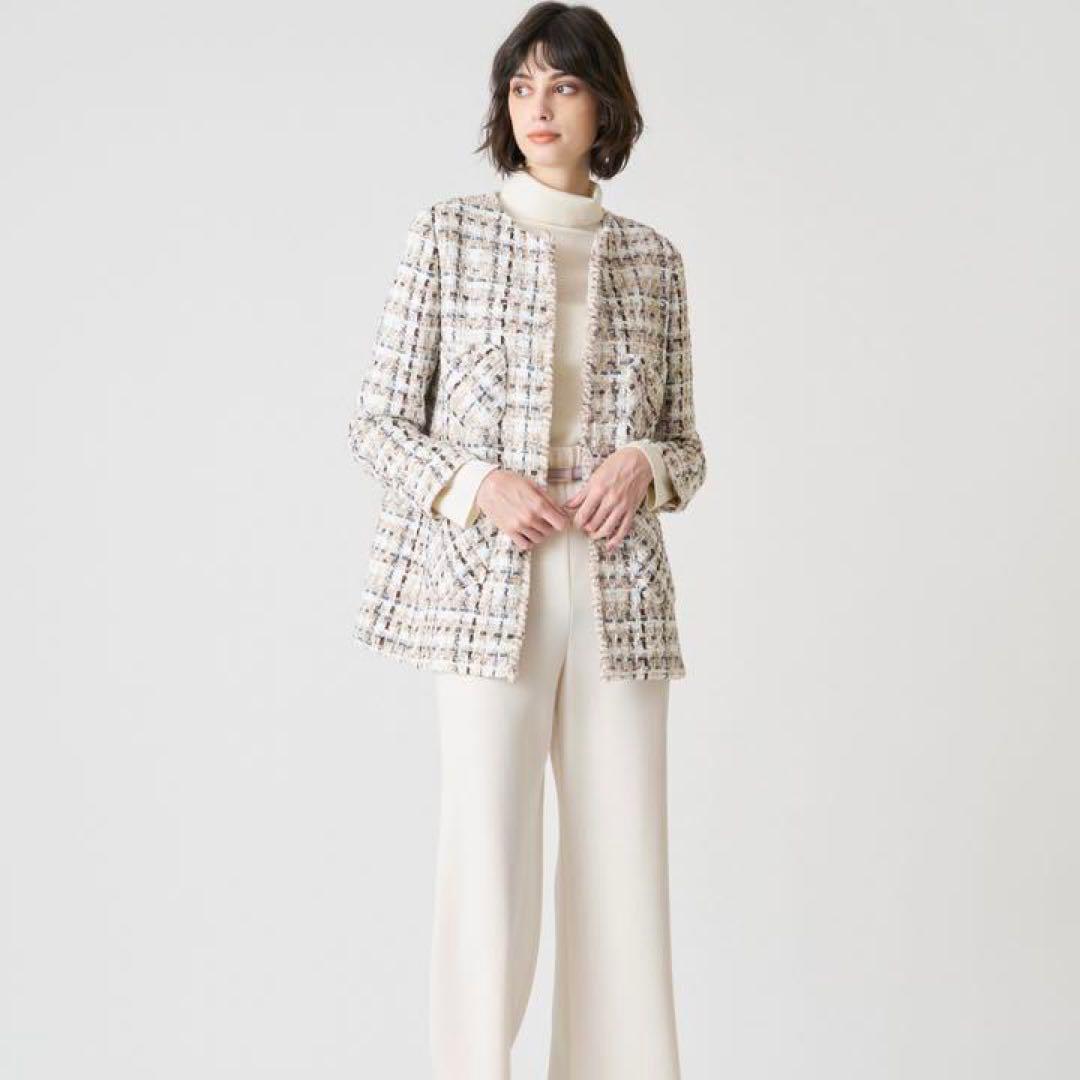 美品スペシャルアイテム　ANAYI ラメスラブツイード　ロングジャケット　パール