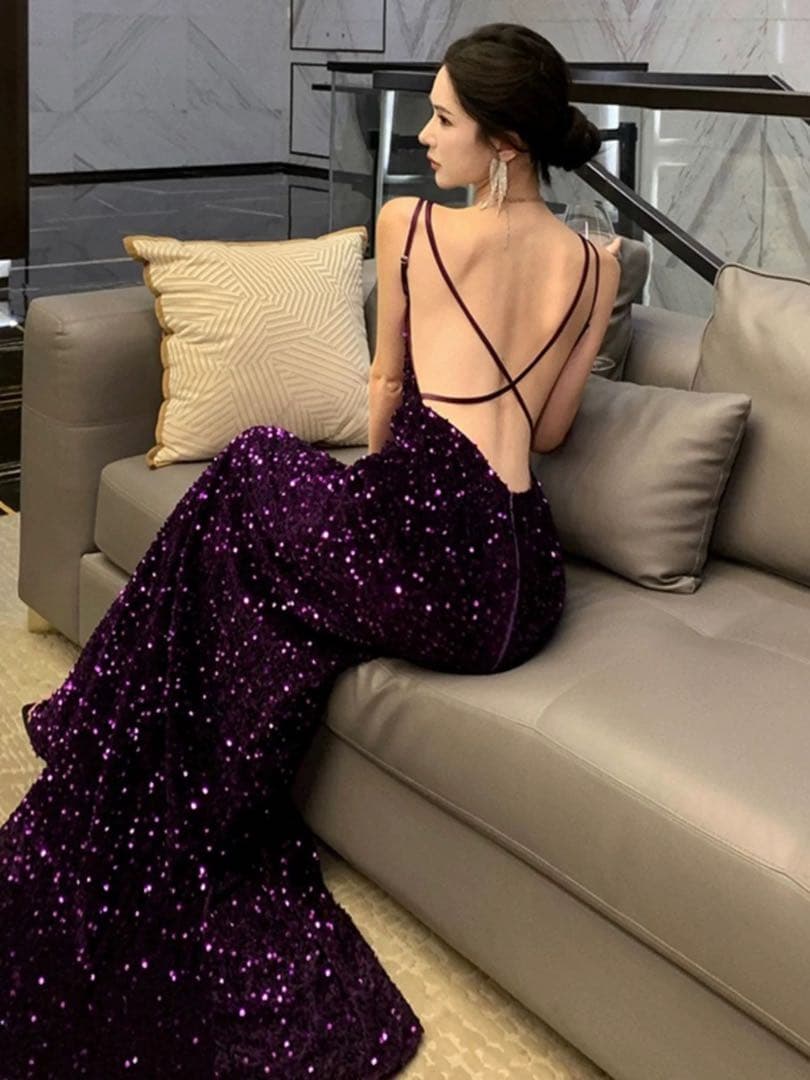 キラキラスパンコール✭背中開きロングドレス✭パーティー魅了エレガントセクシー