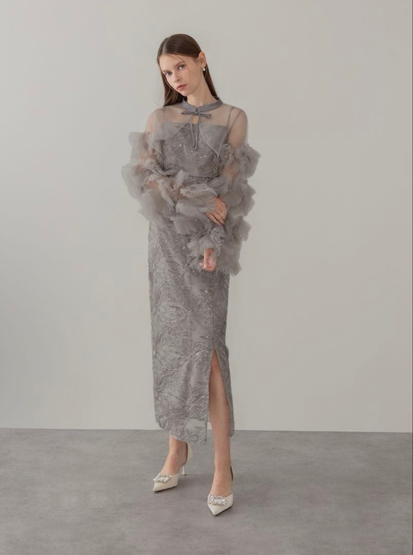 【LEJA】フリルチュールスリーブリボンIラインワンピースドレス