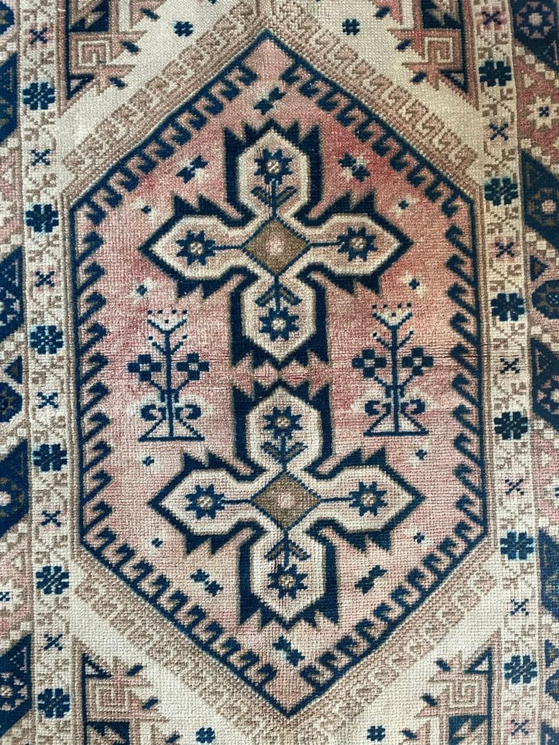 115×72cm ◇トルコヴィンテージラグ　ブラウン615　ブルー　幾何学模様