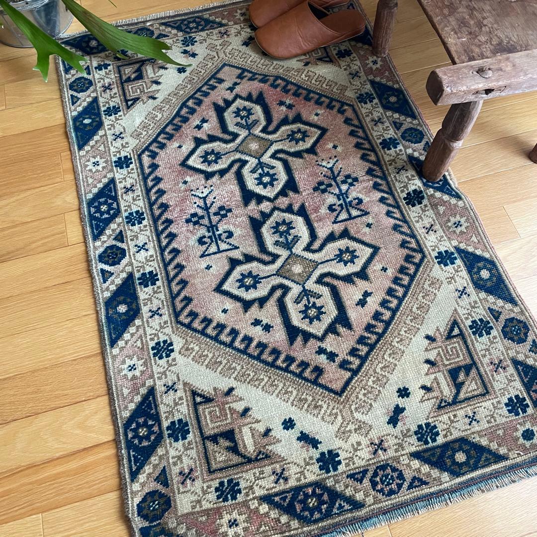 115×72cm ◇トルコヴィンテージラグ　ブラウン615　ブルー　幾何学模様