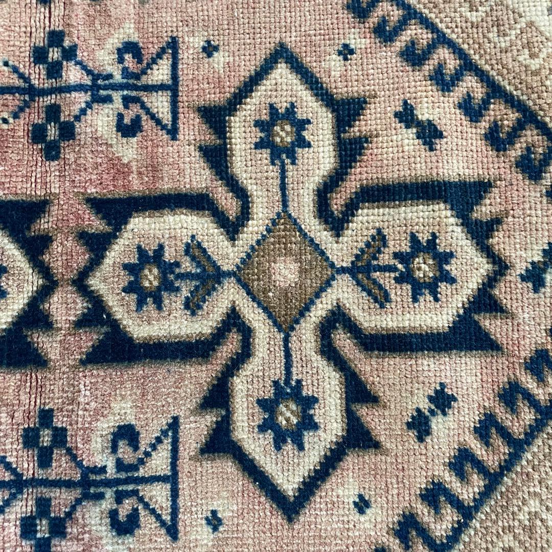 115×72cm ◇トルコヴィンテージラグ　ブラウン615　ブルー　幾何学模様