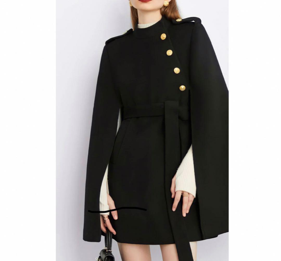 エヌフレーム 金ボタン クラシックケープコート ウール バンドカラー