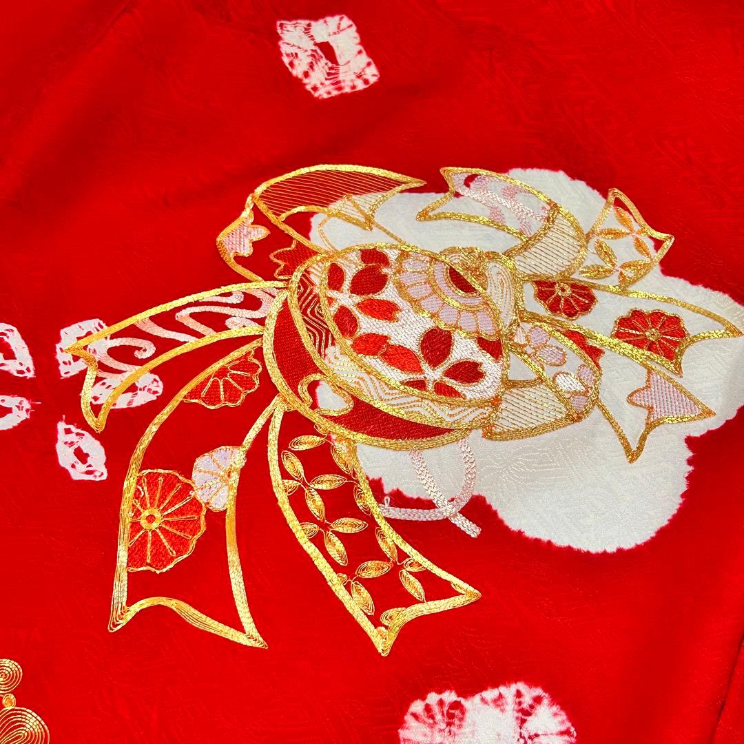 お宮参り 産着 絹 絞り 金駒刺繍 赤 子供着物 花 女の子 祝い着 赤ちゃん