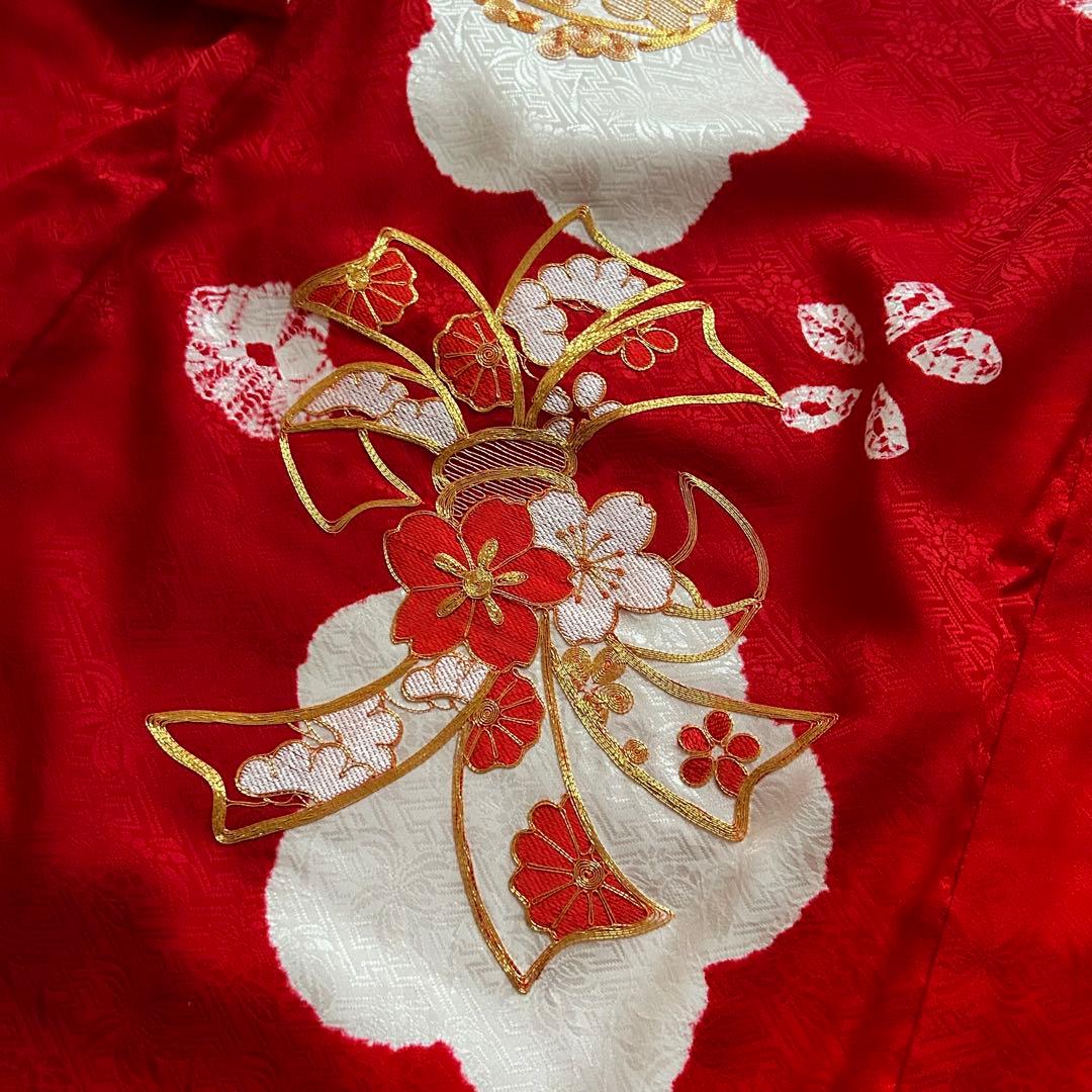 お宮参り 産着 絹 絞り 金駒刺繍 赤 子供着物 花 女の子 祝い着 赤ちゃん