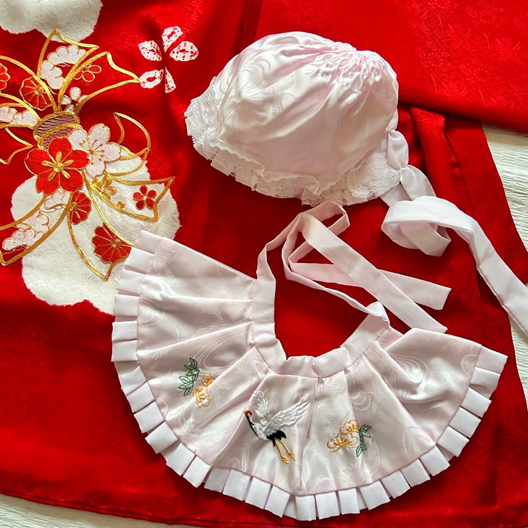 お宮参り 産着 絹 絞り 金駒刺繍 赤 子供着物 花 女の子 祝い着 赤ちゃん