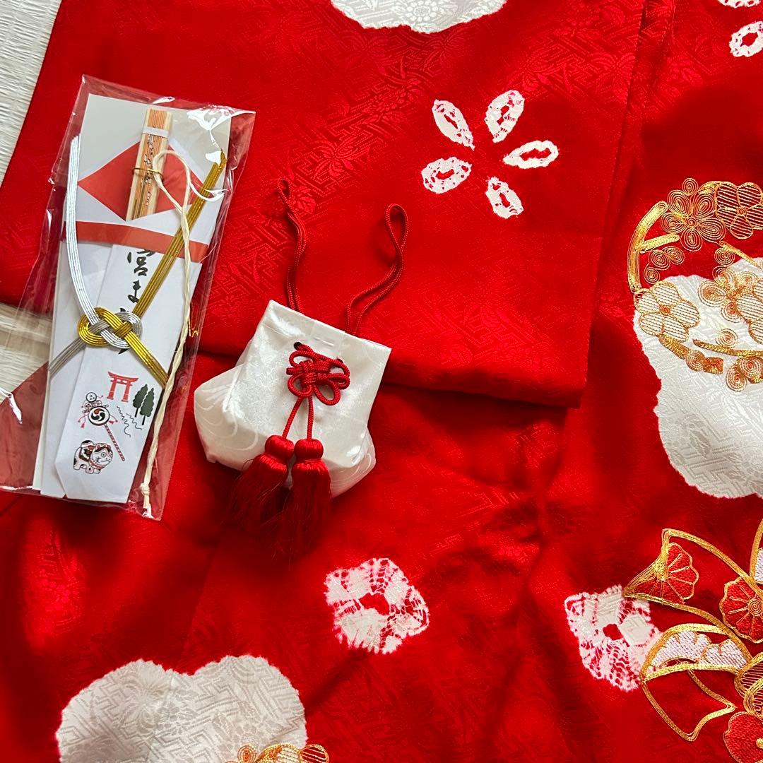 お宮参り 産着 絹 絞り 金駒刺繍 赤 子供着物 花 女の子 祝い着 赤ちゃん