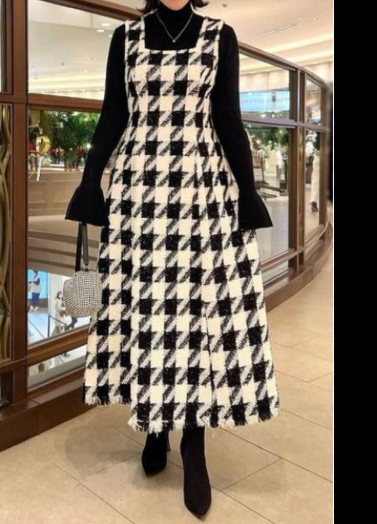 美品✨エストネーション　ツイードスクエアネックワンピース　千鳥柄　ジャンスカ　M