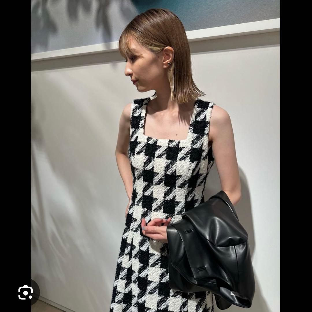 美品✨エストネーション　ツイードスクエアネックワンピース　千鳥柄　ジャンスカ　M