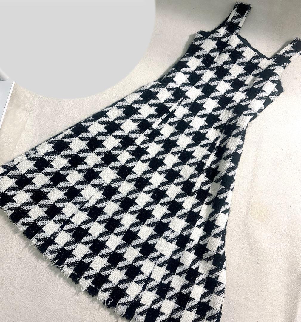 美品✨エストネーション　ツイードスクエアネックワンピース　千鳥柄　ジャンスカ　M