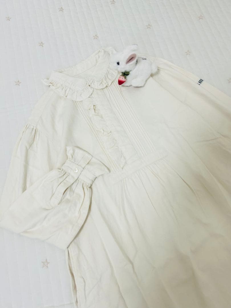 ピンクハウス　長袖　ワンピース　綿　襟　フリル　ロゴ　刺繍　春　秋　ピンタック