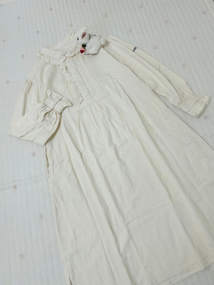 ピンクハウス　長袖　ワンピース　綿　襟　フリル　ロゴ　刺繍　春　秋　ピンタック