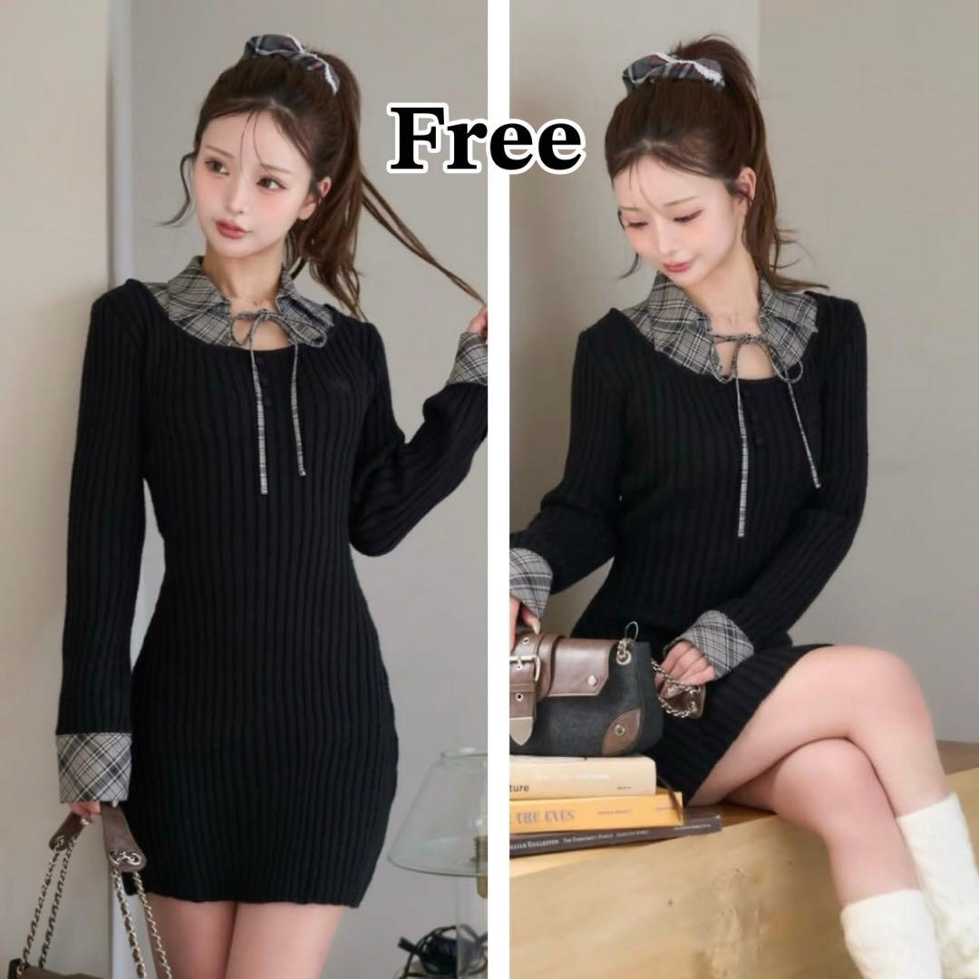 Darich♡レイヤードライクニットミニワンピース (BLK・Free)
