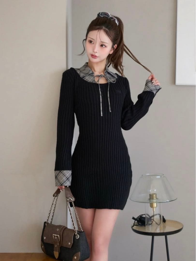 Darich♡レイヤードライクニットミニワンピース (BLK・Free)