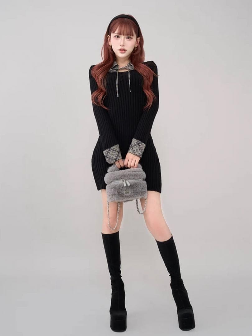 Darich♡レイヤードライクニットミニワンピース (BLK・Free)