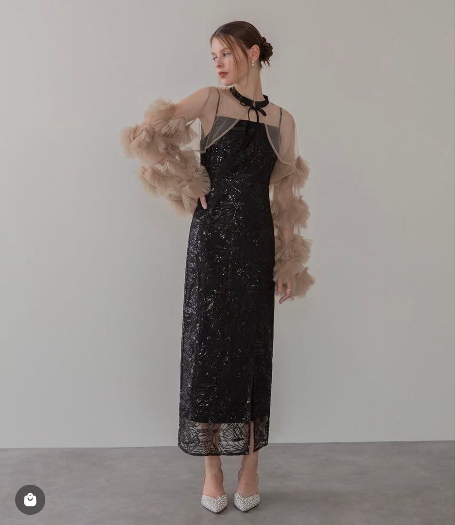 LejaフリルチュールスリーブリボンIラインワンピースドレスS