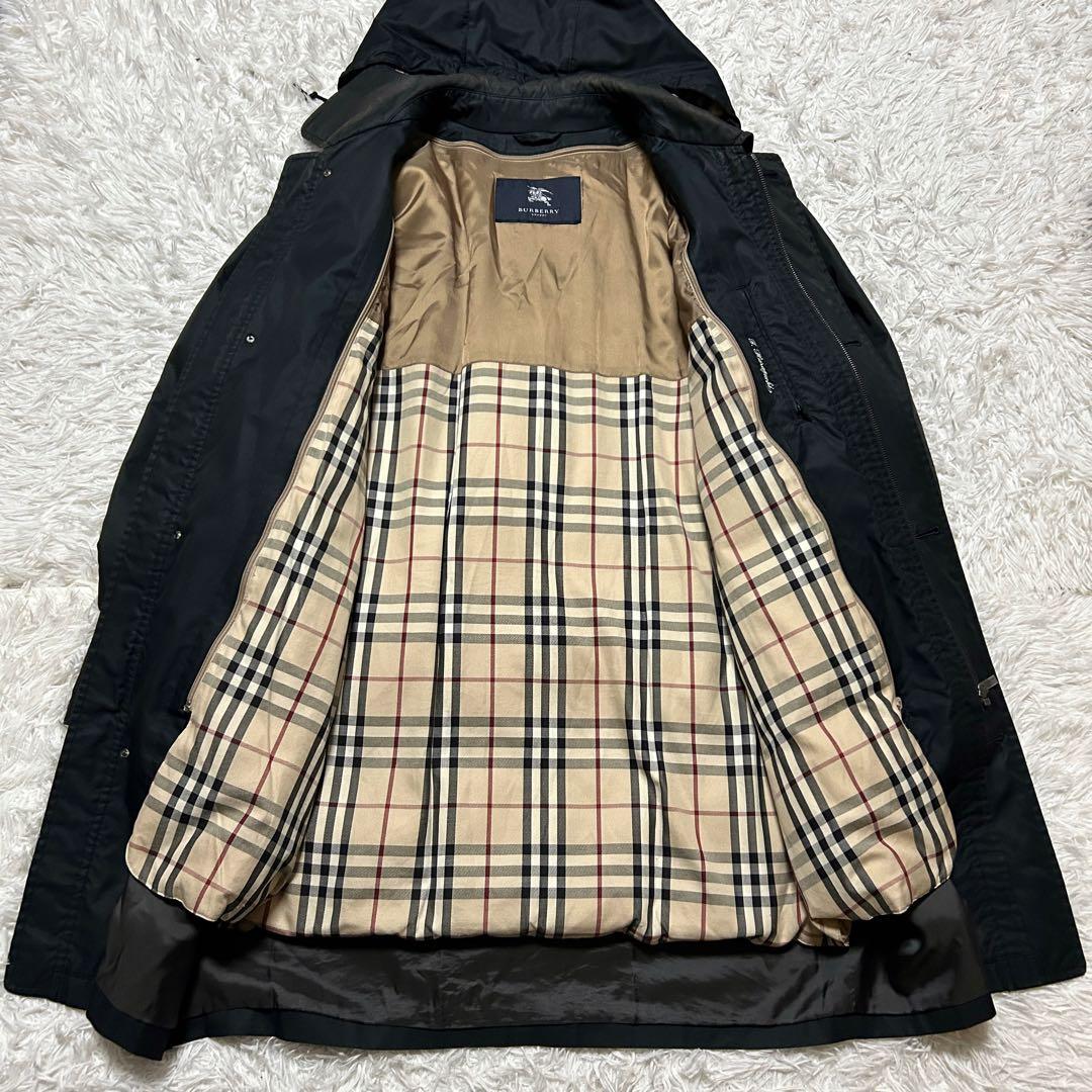 【LL】バーバリーロンドン フーデッドコート ダウンライナー ノバチェック 黒