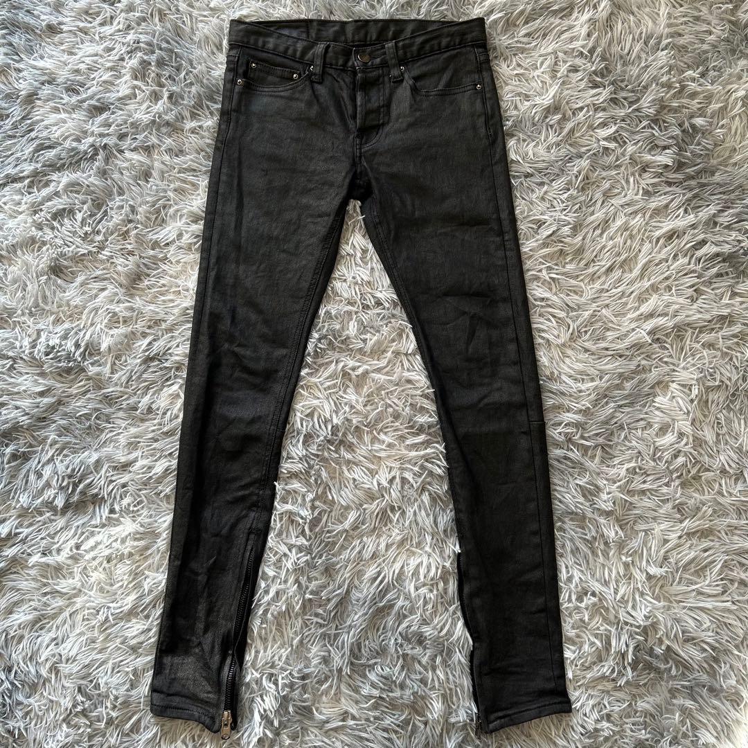 ミニマル mnml ブラック コーティング スキニーデニム 裾 ジッパー ボタン