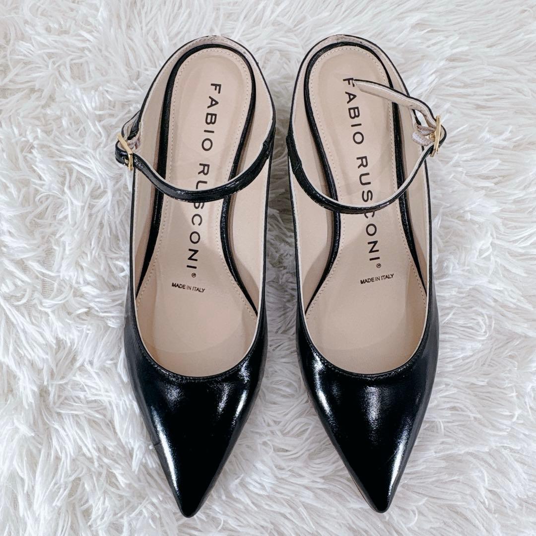 未使用級 FABIO RUSCONI ポインテッドトゥ ストラップミュール 黒