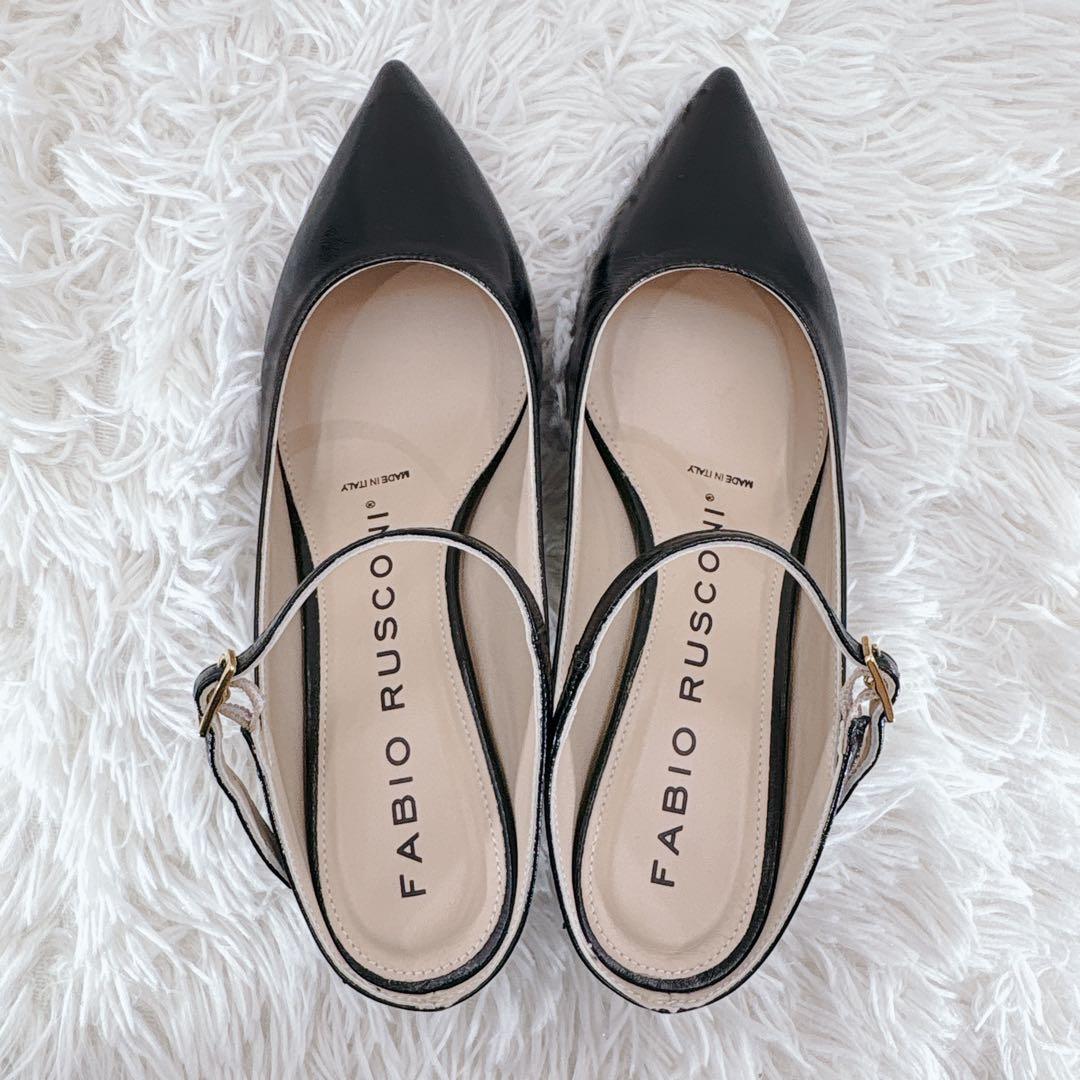 未使用級 FABIO RUSCONI ポインテッドトゥ ストラップミュール 黒