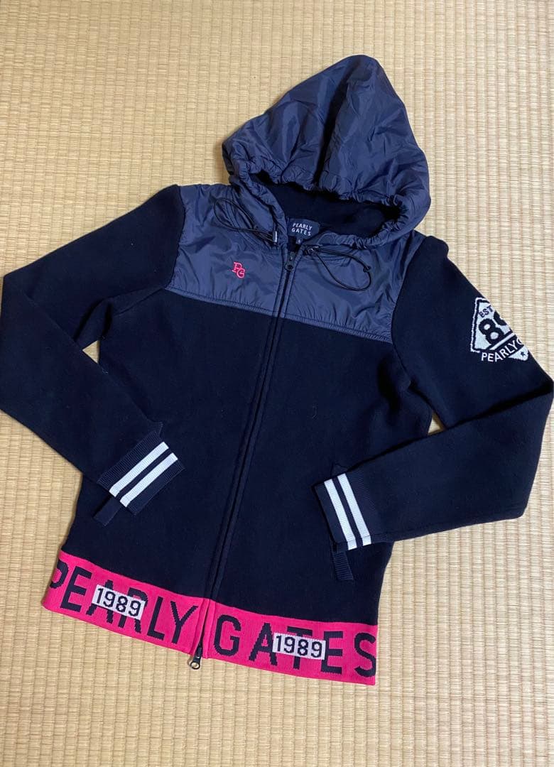 美品　パーリーゲイツ ニットジャケット　パーカー　0 ネイビー　ピンク