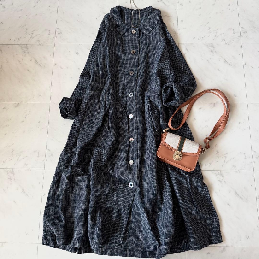 ネストローブ　洗える　リネン100 　長袖ロングシャツワンピース　襟付き