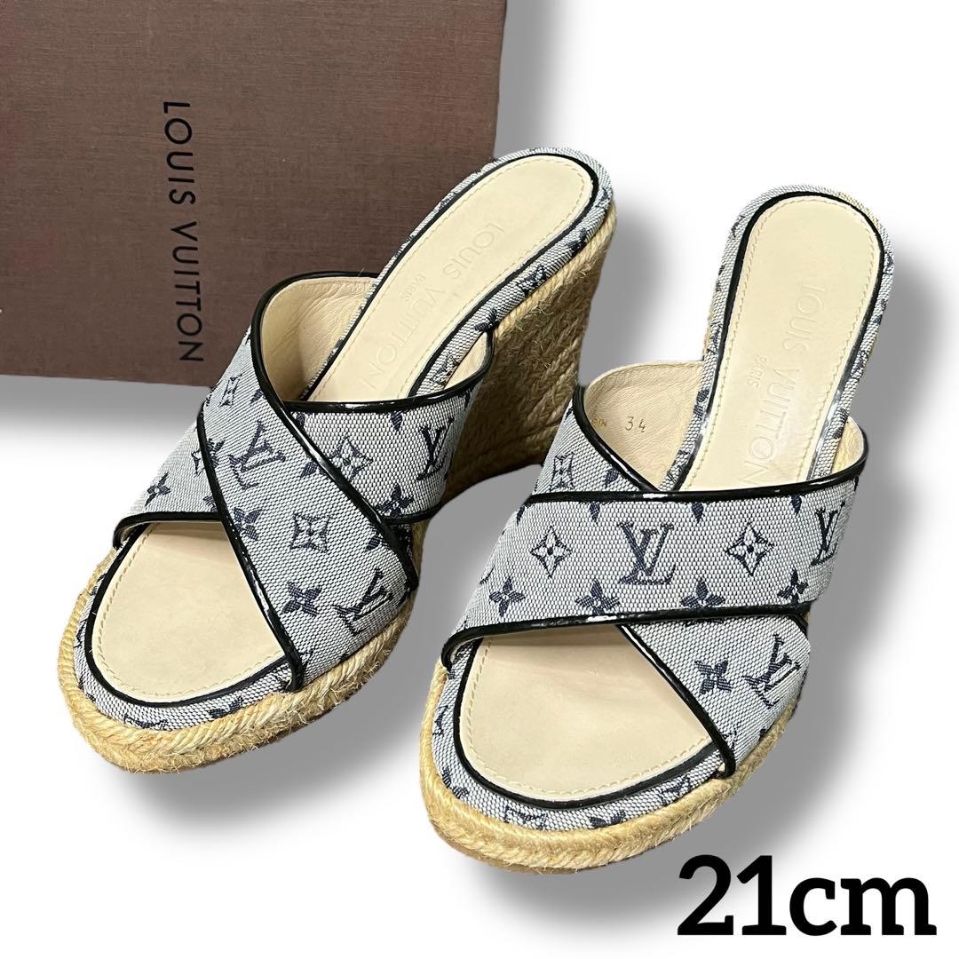 良品 ルイヴィトン モノグラム ヒール サンダル ミュール エスパドリーユ 21
