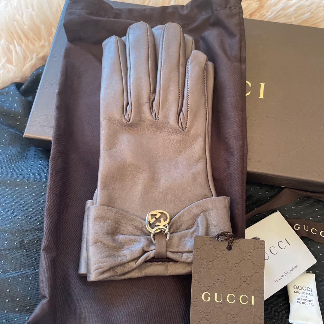 GUCCI リボン付きグレー手袋