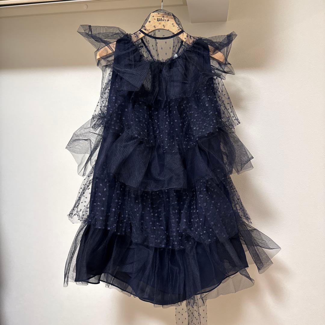 RED VALENTINOブラックドットチュールティアードミニドレス