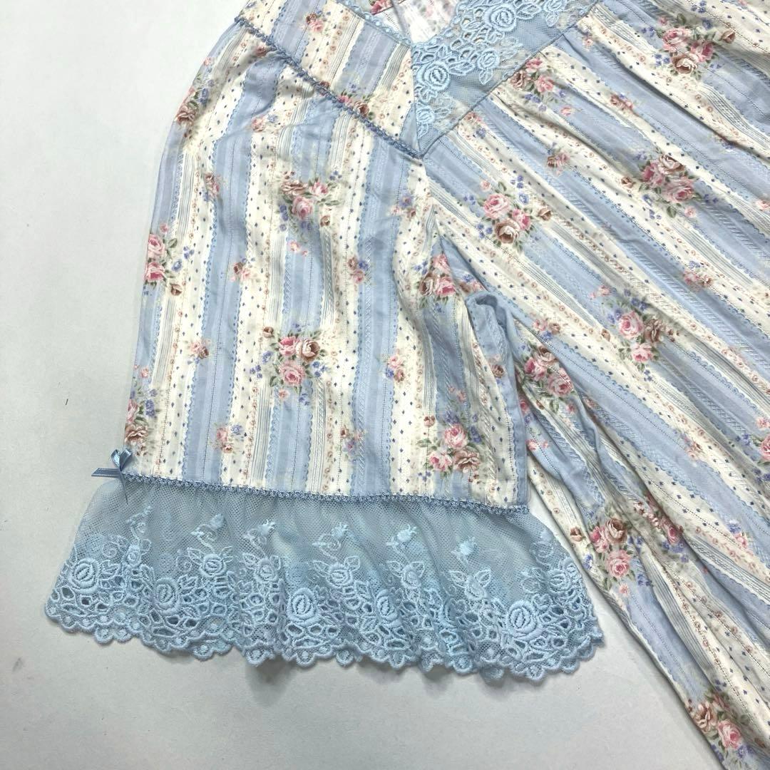 【美品】ピンクハウス 水色 バラストライプ柄 バラレース使い チュニック