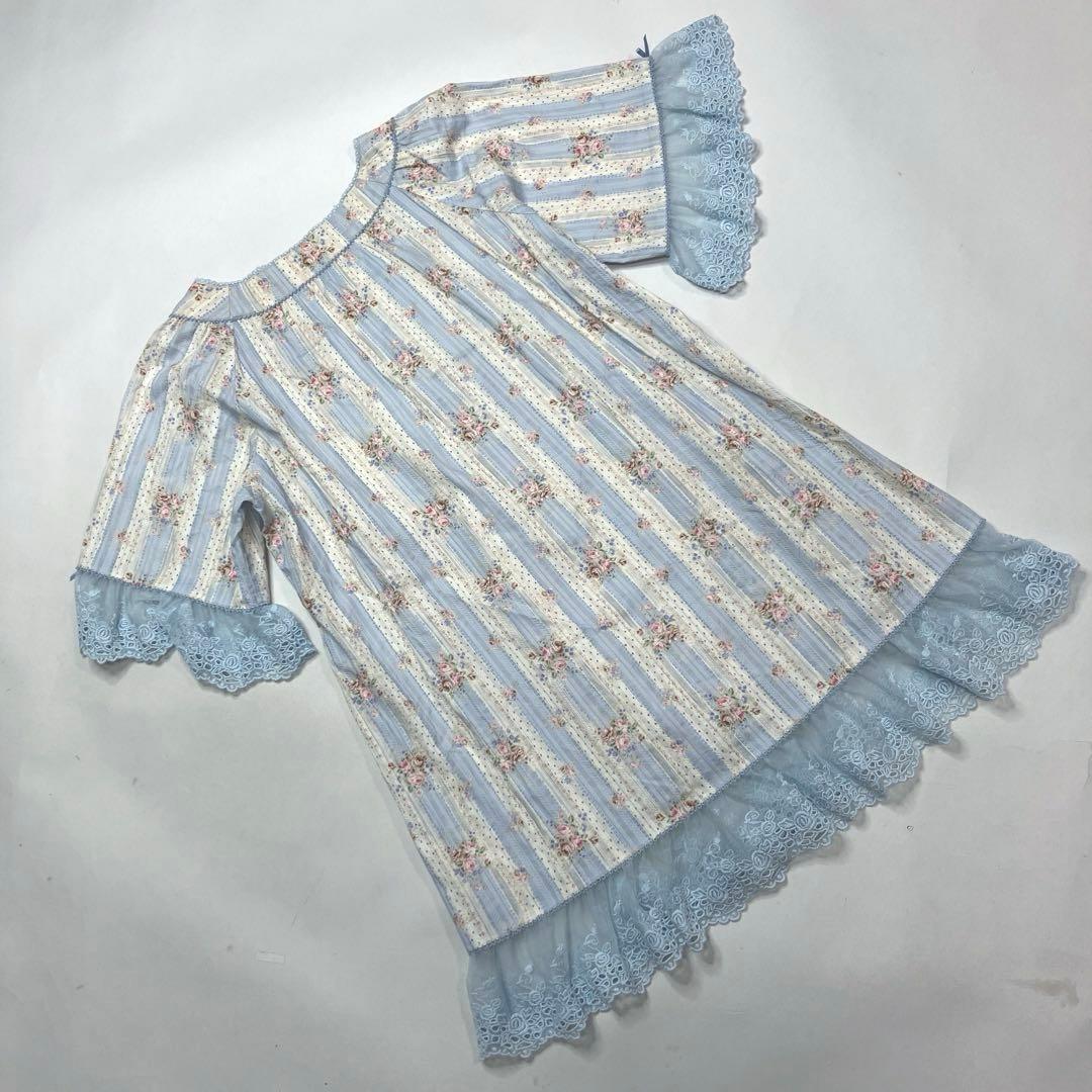 【美品】ピンクハウス 水色 バラストライプ柄 バラレース使い チュニック