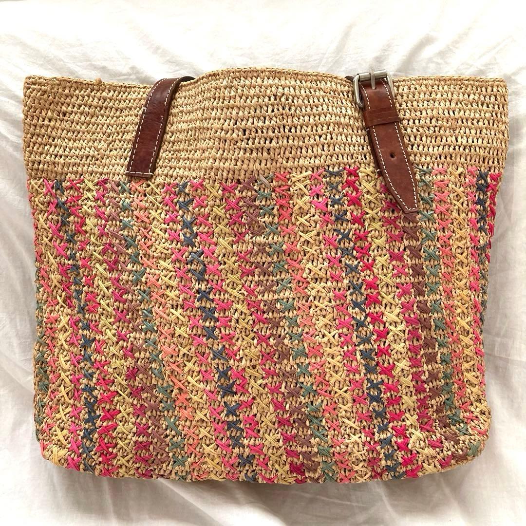 レア　IBELIV アイビリーブ　ラフィア　トートバッグ　革ベルト　カゴバッグ