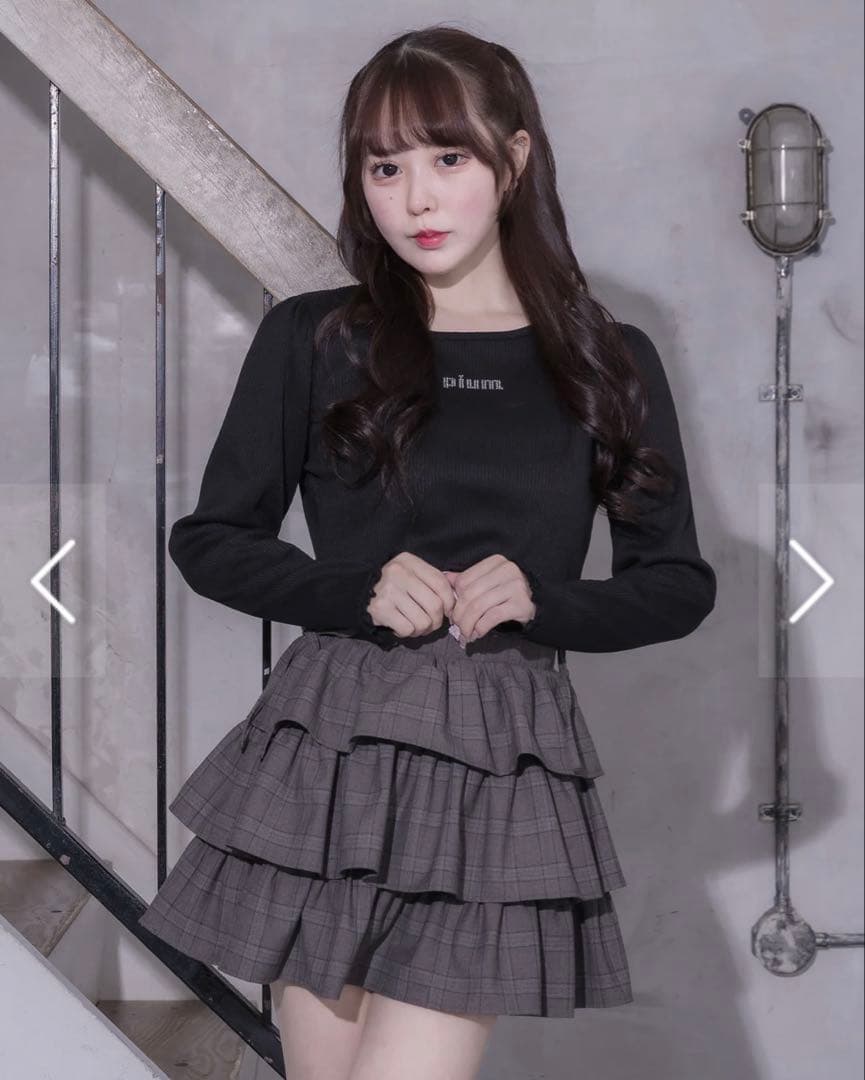 pium チェックサイドリボンティアードスカート　ブラウン