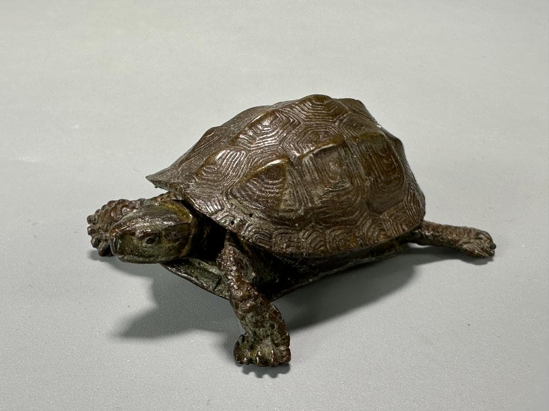 銅製　はた　在銘　亀　カメ　置物　頭尾可動式　鼈　細密細工　煎茶飾り　盆景