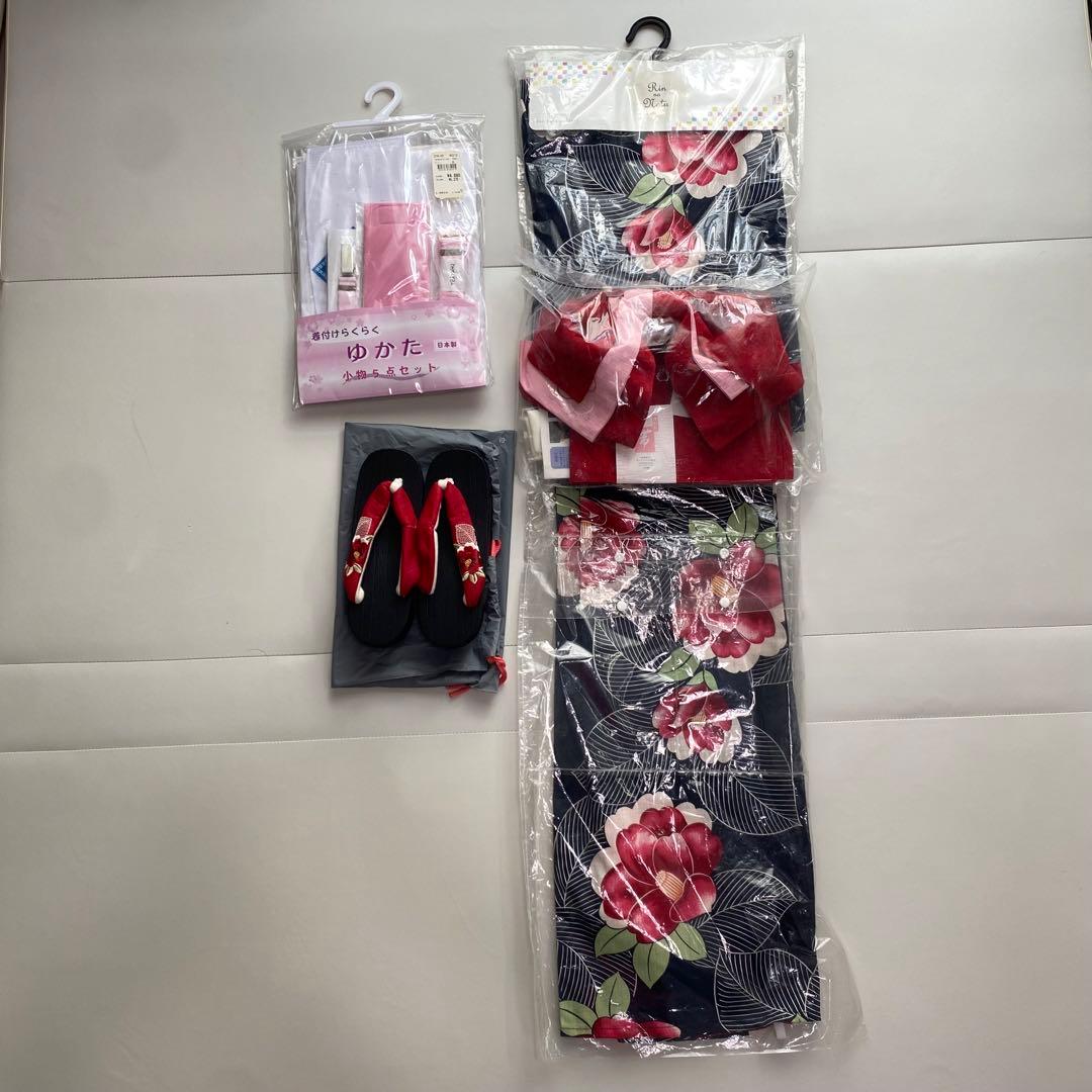 〈新品〉ネイビー花柄浴衣・帯・下駄セット　着付けセット付き