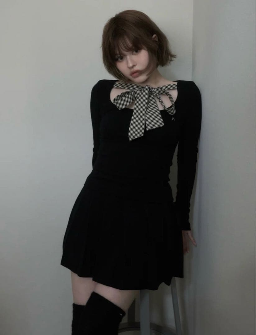 【即日発送】Ami ribbon check tops black