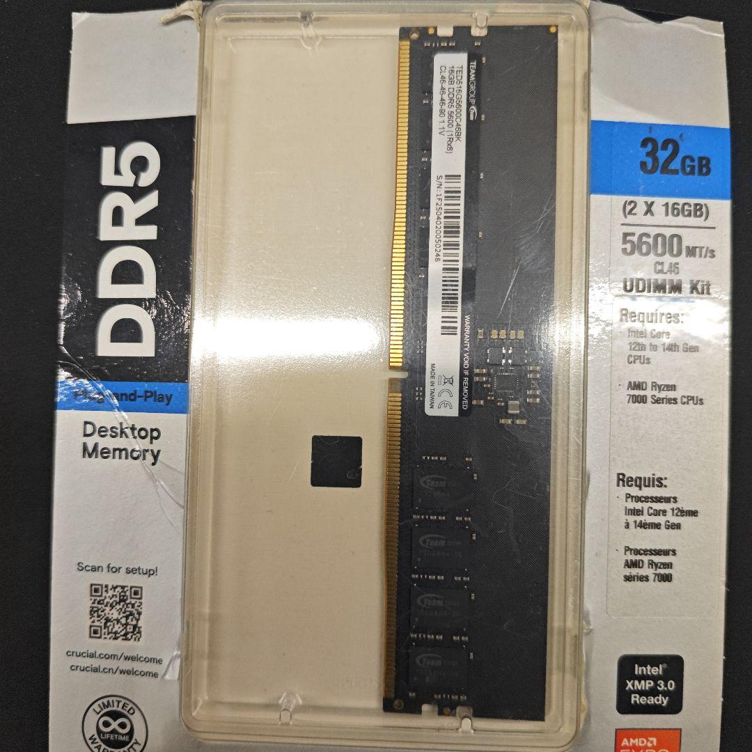 TEAM GROUP 16GB DDR5 メモリ 未使用5600C46BK
