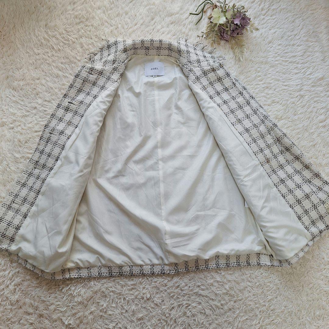 コエル　ツィードジャケット　ラメ入りチェック　ホワイト系　サイズ36　ヨンア