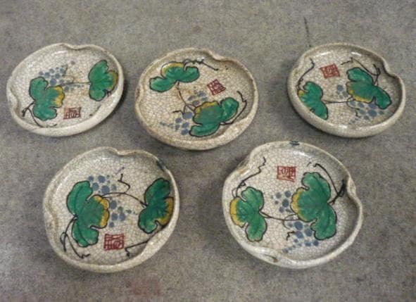 播州姫路 幻の焼物 林田焼ぶどう図4寸小皿 5枚 [B31709]