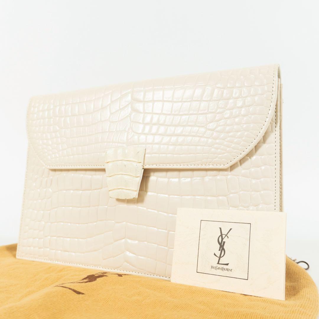 【極美品✨】イヴサンローラン セカンドバッグ クロコ型押し レザー アイボリー