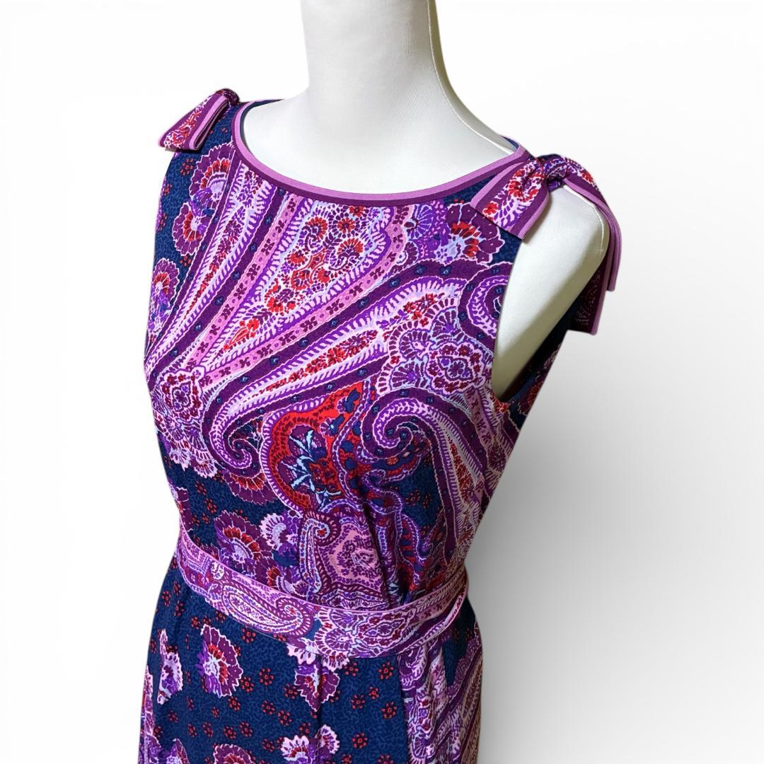 【美品】レオナール　LEONARD　ノースリーブ　リボンワンピース　ペイズリー柄