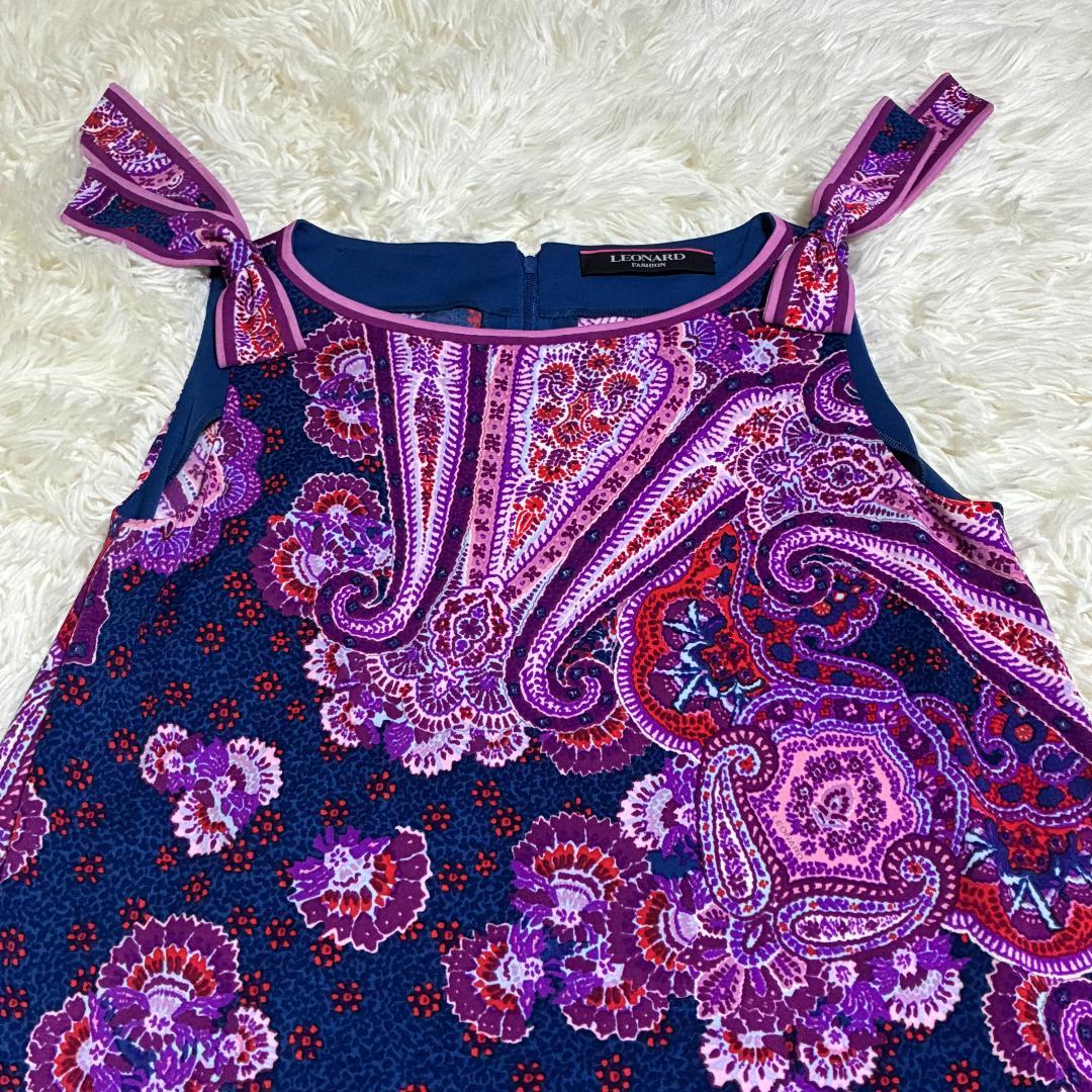 【美品】レオナール　LEONARD　ノースリーブ　リボンワンピース　ペイズリー柄