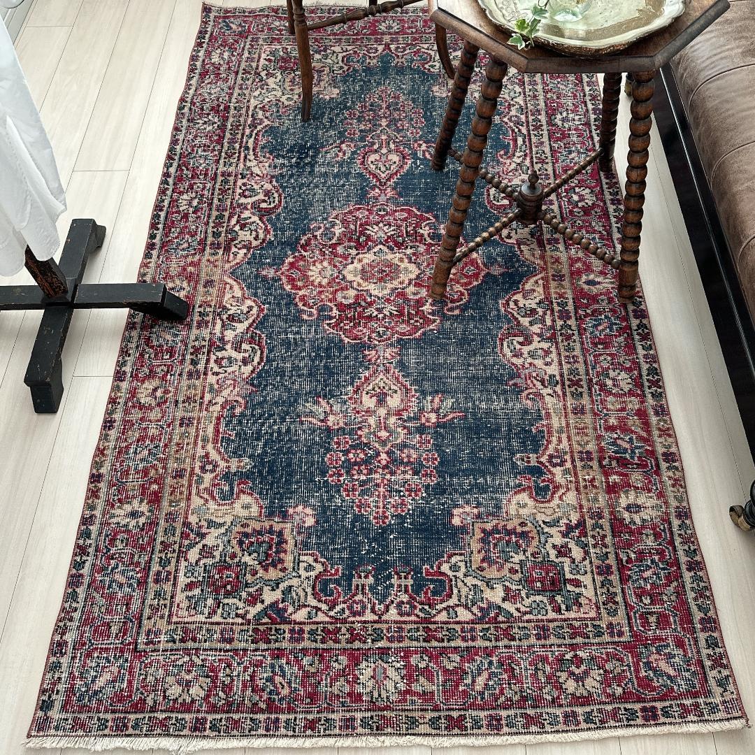 【訳アリ】トルコ ヴィンテージラグ A102 レア インディゴブルー レッド