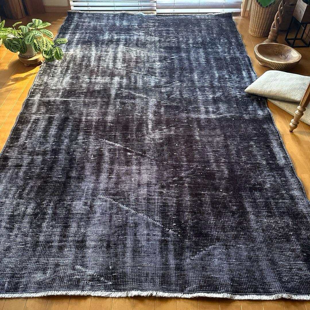 大判151×260 オーバーダイ　ブラックダークグレイ　トルコヴィンテージラグ